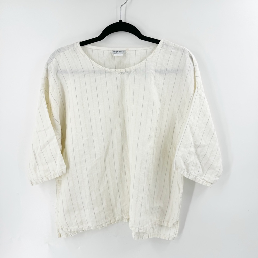 ✅ MATCH POINT LAGENLOOK LINEN CREAM/TAN STRIPED‎ 3/4 SLEEVE TOP SIZE MEDIUM